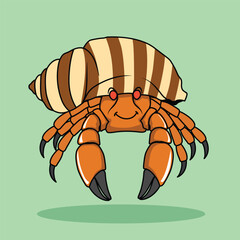 hermit crab with a striped shell red eyes cartoon flat illustration, isolated sea creature concept, flat cartoon style