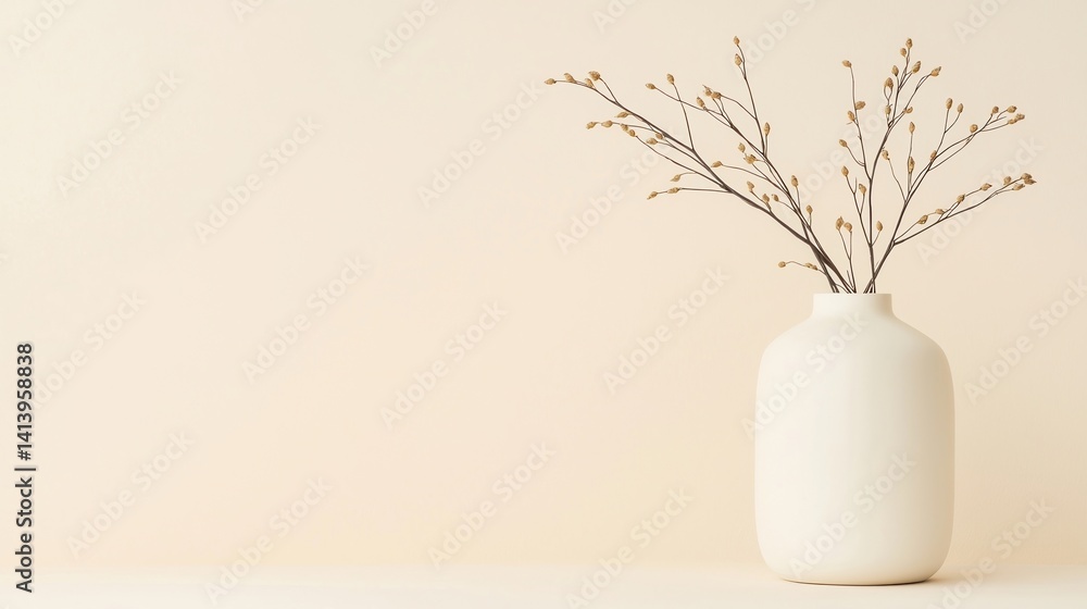 Poster a minimalistic white vase holds delicate branches against a soft beige background, creating a serene