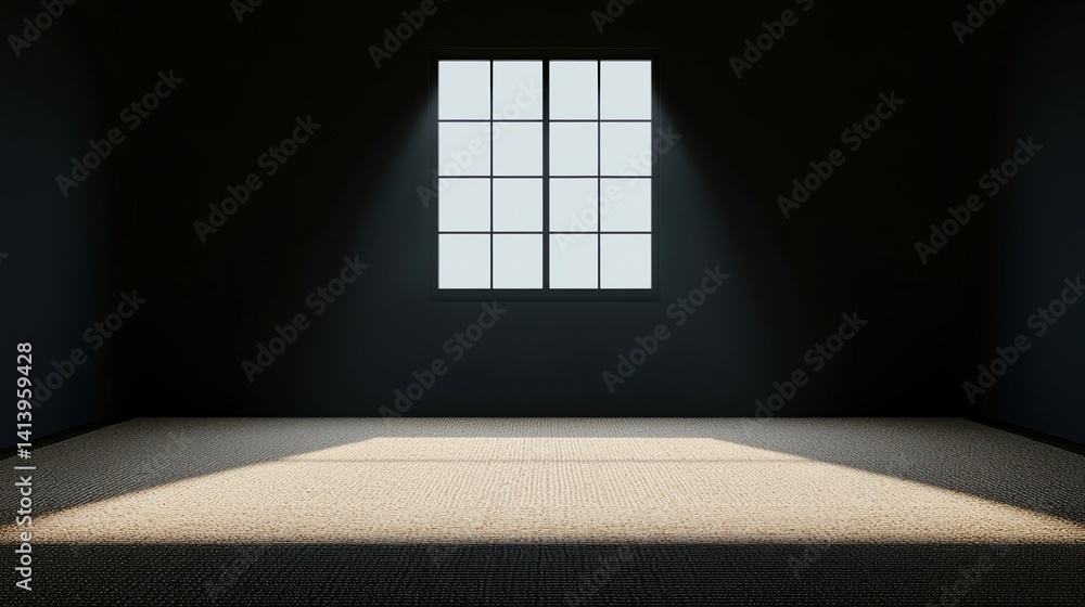 Poster a minimalist room with a dark ambiance, featuring a large window that allows light to stream in, ill