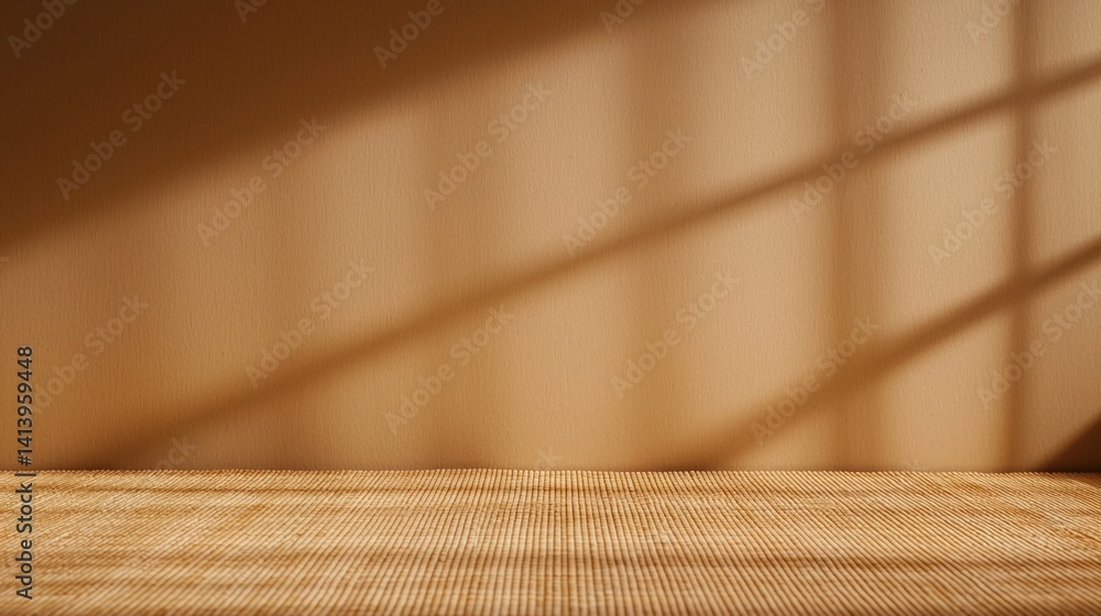Poster a serene, sunlit interior showcasing soft shadows on a textured surface, creating a warm and invitin