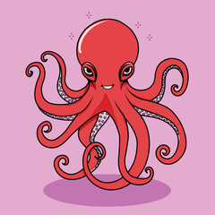 giant octopus red cartoon flat illustration, isolated sea creature concept, flat cartoon style