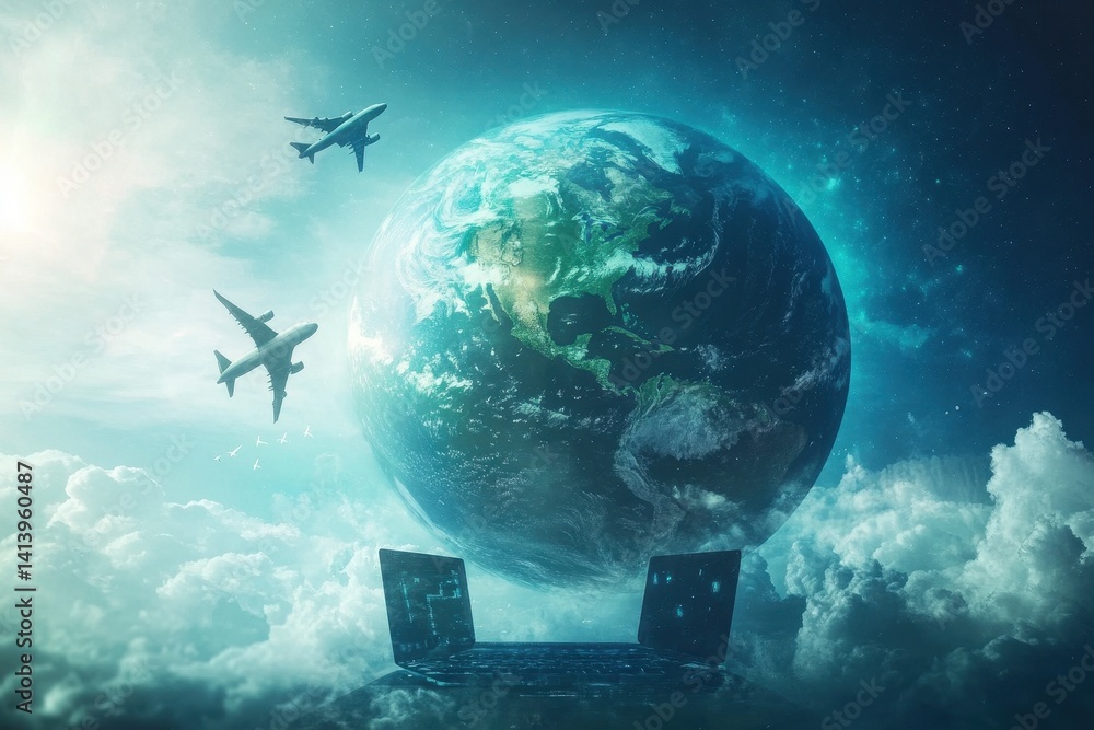Poster rotating earth viewed from a computer with airplanes flying across the skies, computer of rotating e