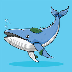 big mossy whale cartoon flat illustration, isolated sea creature concept, flat cartoon style