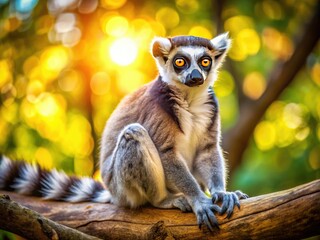 Obraz premium Fluffy Lemur Sunbathing: High-Resolution Photo of Cute Ring-Tailed Lemur Relaxing in Sunlight