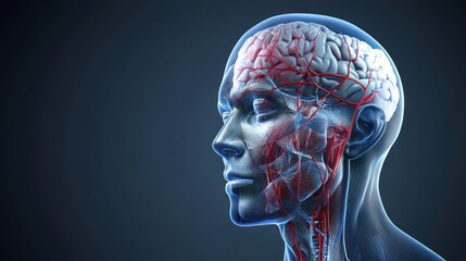 Head, vascular system, brain, anatomy, 3D render, medical, illustration, dark background, education