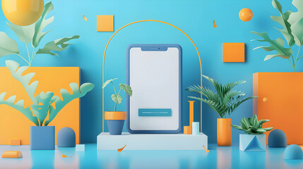 An artistic rendering displaying a smartphone and some decorative elements