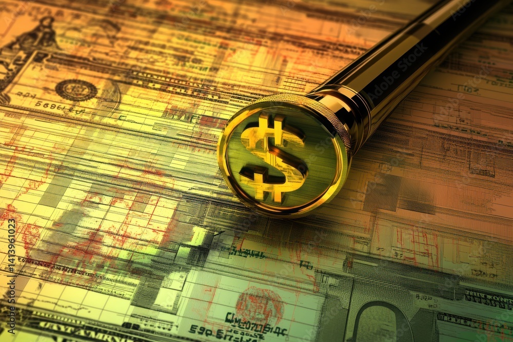 Poster data processing and financial analysis using diagrams and money symbols to highlight economic trends
