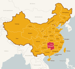 Fototapeta premium Map of Hunan province, China, with country border, name, and capital