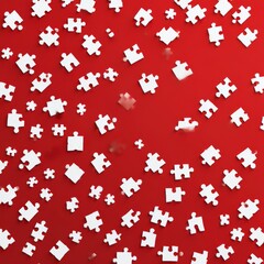 White puzzle pieces on red background, top view