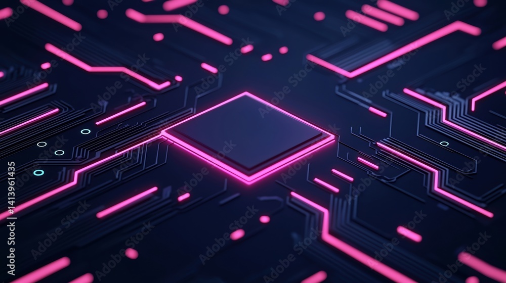Poster a close-up view of a vibrant, high-tech circuit board with neon pink accents, highlighting the intri