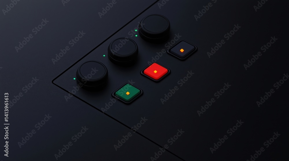 Poster a close-up view of a sleek control panel featuring illuminated buttons in red, green, and yellow on 