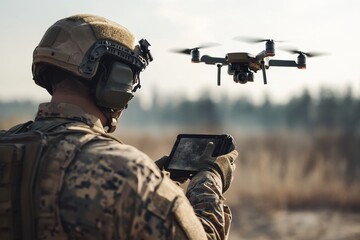 Soldier operates drone in combat environment for surveillance and reconnaissance missions, Drone in war Soldier controlling a drone