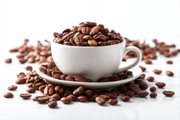 Cup filled with coffee beans on white background