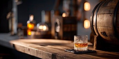 Whiskey Glass on Rustic Bar: Golden Hour Ambiance