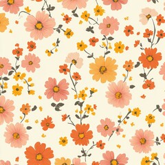 Obraz premium Floral Pattern with Pink, Yellow, and Orange Flowers on Cream Background