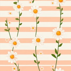 Naklejka premium Floral Pattern with Daisies on Soft Peach and White Stripes