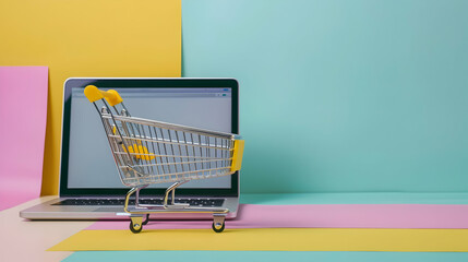 A laptop next to a shopping cart on colorful background