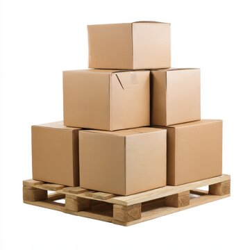 Stacked cardboard boxes on wood pallet on white background