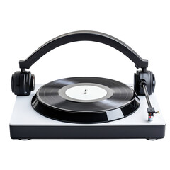 Vintage style black and white turntable record player with headphones for music playback and listening entertainment setup on transparent background