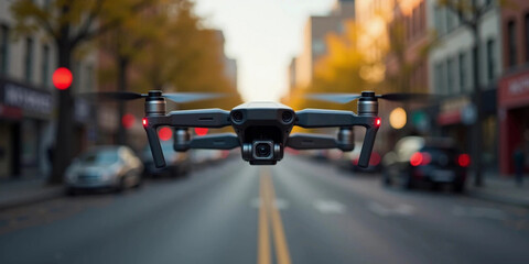 Drone with a camera flying over a city street.