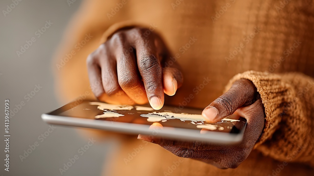 Poster global navigation person using tablet with world map