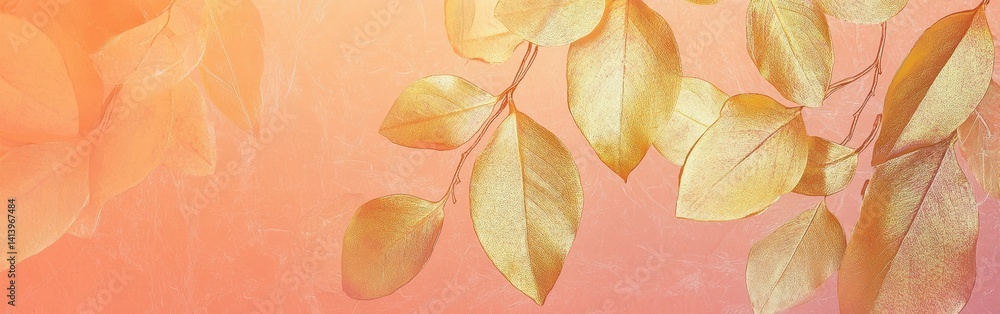 Aufkleber golden leaves with soft glowing edges placed against an orange textured canvas background