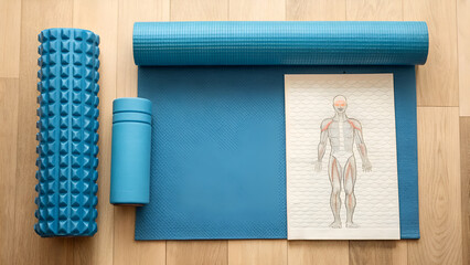 self-myofascial release fascia injury prevention Blue exercise equipment arranged neatly with a human anatomy illustration on a wooden floor.