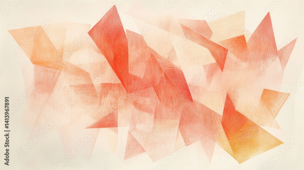 Poster Abstract Pencil Strokes Composition with Uneven Geometric Shapes and Overlapping Transparent Forms in Shades of Red and Orange