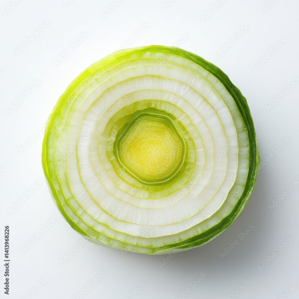 Poster a single fresh leek slice showcasing its concentric layers and vibrant green-to-yellow colors on a c