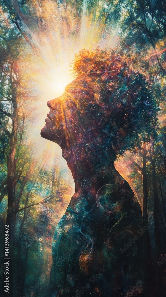 Aufkleber mystical man's profile illuminated by sunlight within a vibrant forest scene, showcasing surreal int