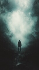 Fototapeta premium Silhouette figure in mist-shrouded mountain path, dramatic sky