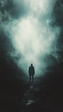 Silhouette figure in mist-shrouded mountain path, dramatic sky