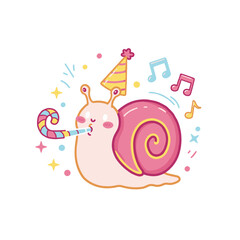 Celebratory cartoon snail blowing a party horn with confetti  