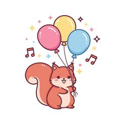 Cute squirrel holding colorful balloons with musical notes  