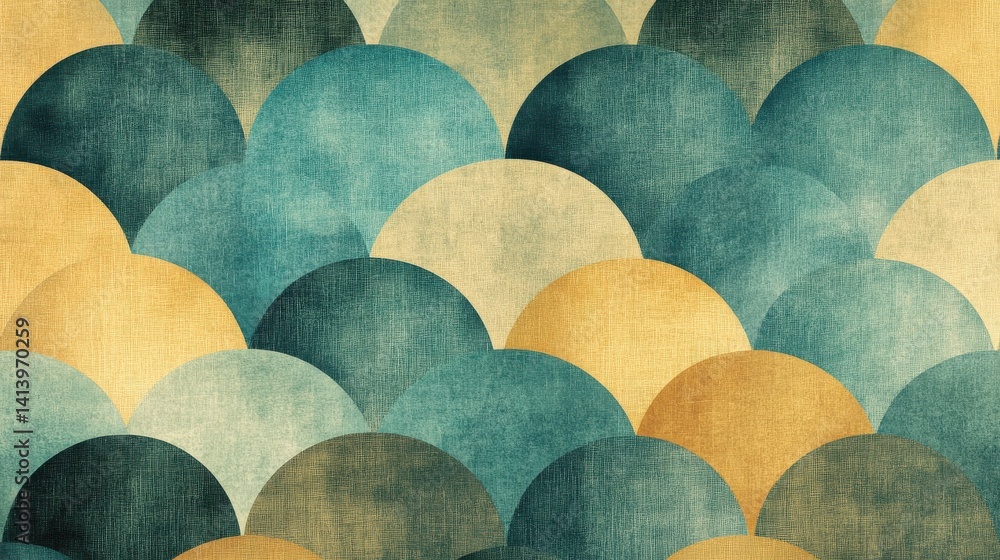 Poster Interlocking textured semicircles in muted teal, blue and amber create a patterned abstract background