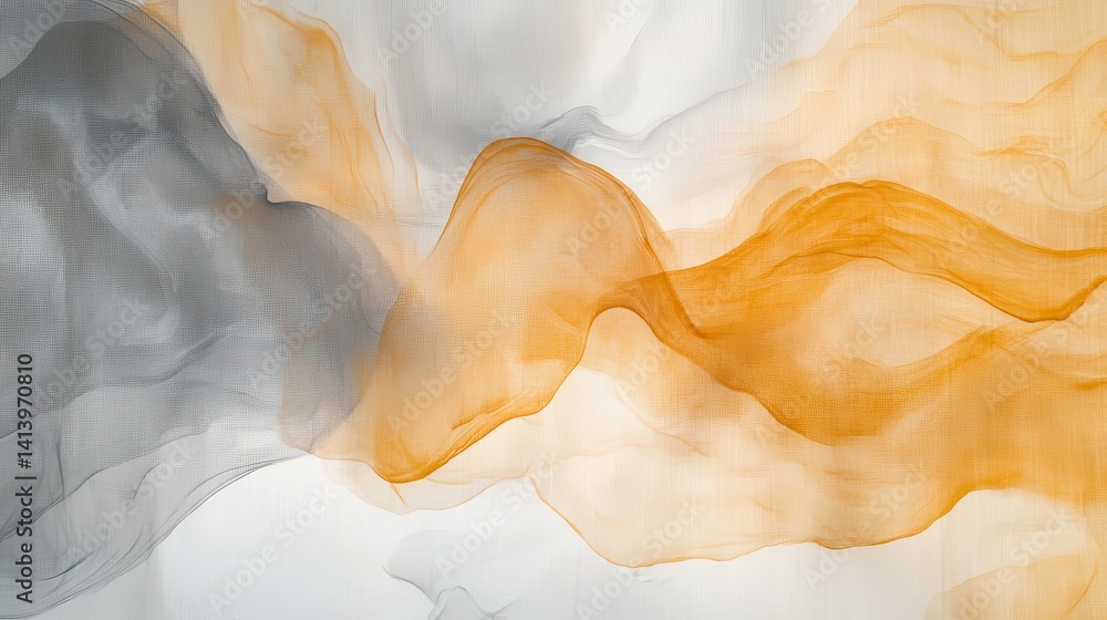 Poster elegant abstract art: translucent amber and gray strokes on textured white canvas