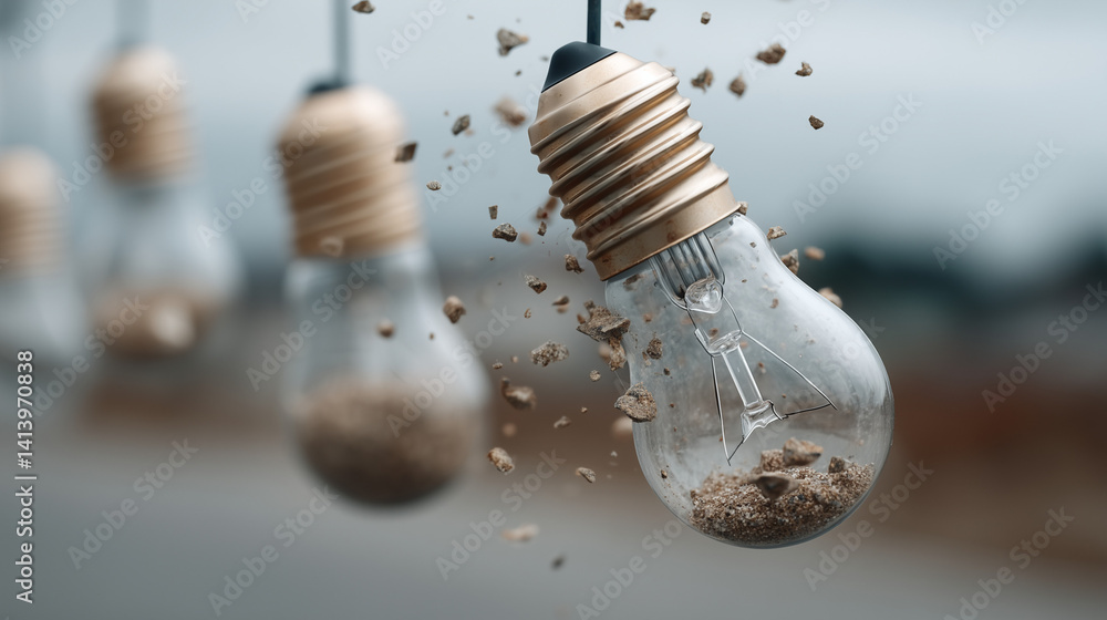 Poster shattered ideas: a conceptual image of a light bulb with gold-painted filament exploding in a shower
