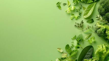 Fresh green herbs and vegetables arranged on a pastel green background