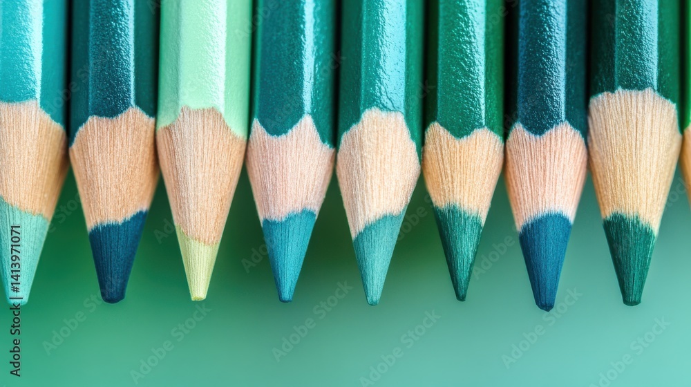 Poster row of sharpened turquoise pencils with gradient tips close-up on light green background for school 