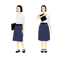 Obraz premium Vector Illustration of Thai Students in High School Uniform Holding a Paper Sheet.