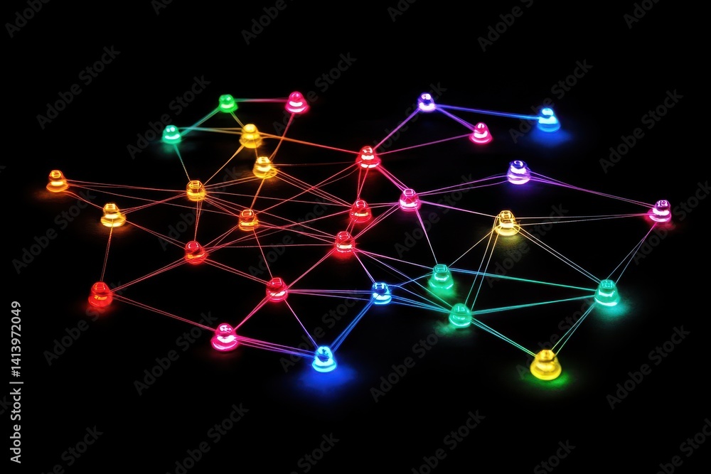 Poster complex network of colorful connections visualizing data processing on a black background, network o