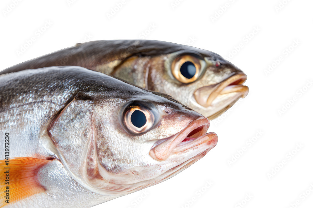 Poster two fresh fish displayed side by side showcasing their shiny scales and distinct facial features emp