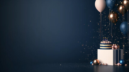 Birthday themed banner dark blue to metallic gray gradient background, spotlight effect in the middle gives a premium impression, simple decorations such as balloons and cakes with masculine 