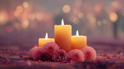 Serene Candles  Pink Flowers  Festive Lights  Spiritual Background