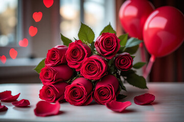 bouquet of red roses and red balloons on a table © AuraBloom