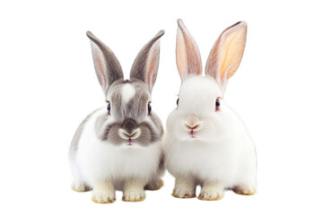 Fototapeta premium two adorable rabbits one gray and one white sitting closely together against a plain white background highlighting their soft fur and expressive faces
