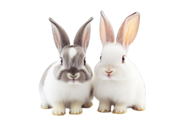 two adorable rabbits one gray and one white sitting closely together against a plain white background highlighting their soft fur and expressive faces