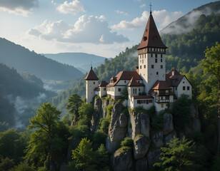 Picturesque Castle Perched on Rocky Cliffside Amidst Lush Green Landscape