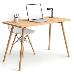 Minimalist Light Wood Desk with White Chair and Laptop