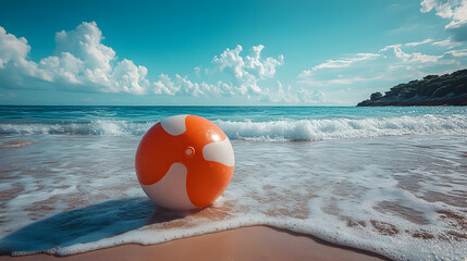 Obraz premium Colorful Beach Ball on Sunlit Sand by a Serene Ocean Shoreline